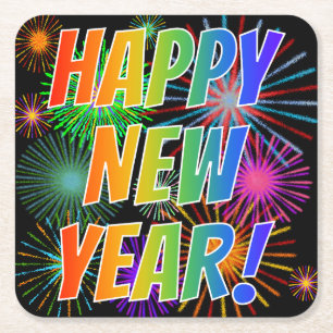 Fireworks + Rainbow Spectrum "HAPPY NEW YEAR!" Square Paper Coaster