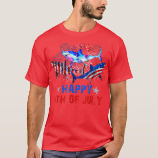 Fireworks Red White Blue Three Sharks Happy 4th Of T-Shirt