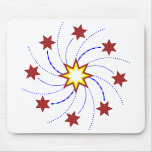 Fireworks Star Swirl - Red, Yellow, Blue on White Mouse Pad