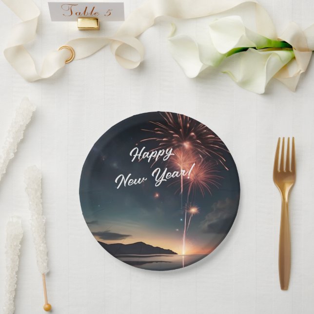  Fireworks Theme Script Caligraphy Happy New Year Paper Plate (Wedding)