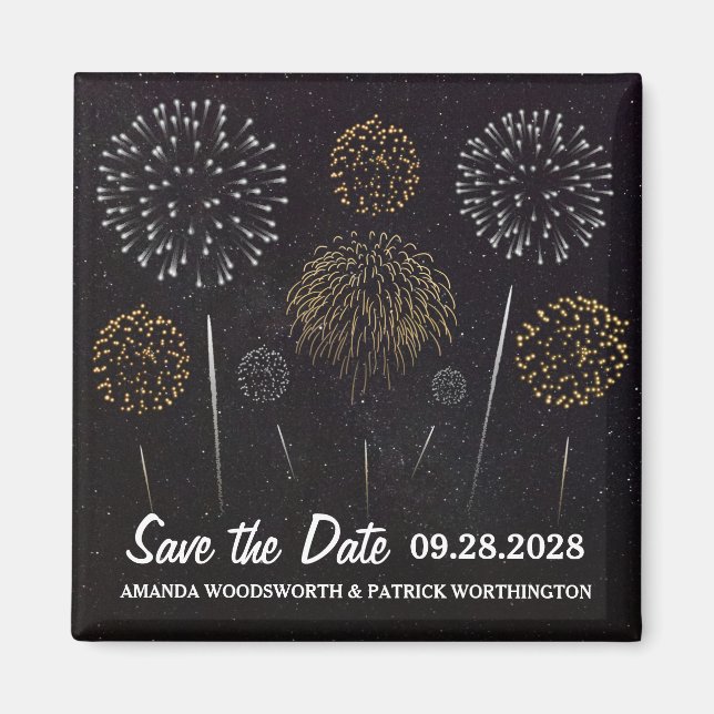 Fireworks Themed Black Gold Save The Date Magnet (Front)