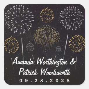 Fireworks Themed Black Gold Silver Wedding Favour Square Sticker