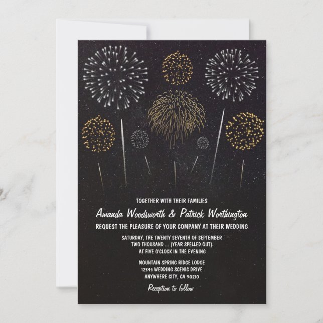 Fireworks Themed Black Gold Wedding Invitations (Front)