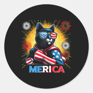 Fireworks Us Flag Patriotic Black Cat  Classic Round Sticker
