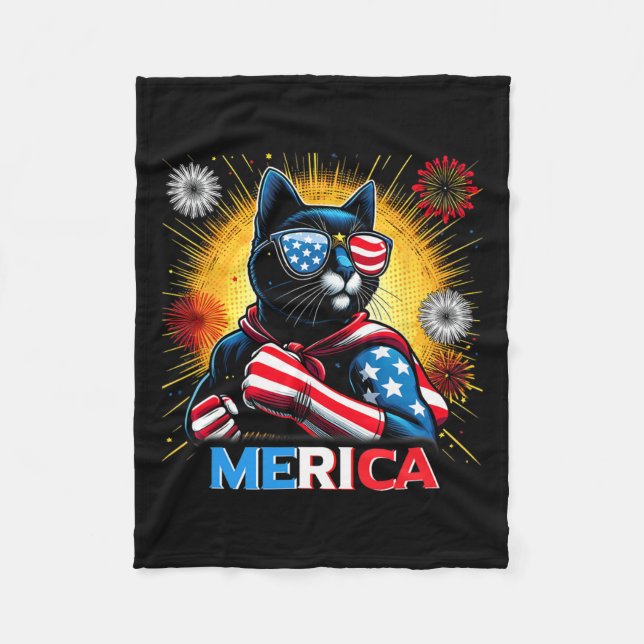 Fireworks Us Flag Patriotic Black Cat  Fleece Blanket (Front)