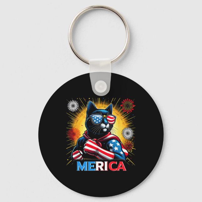 Fireworks Us Flag Patriotic Black Cat  Key Ring (Front)