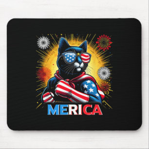 Fireworks Us Flag Patriotic Black Cat Mouse Pad