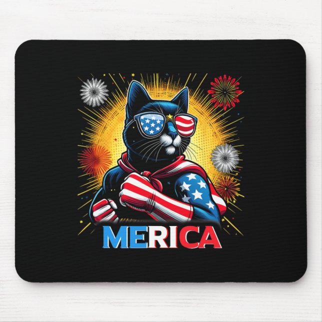 Fireworks Us Flag Patriotic Black Cat  Mouse Pad (Front)