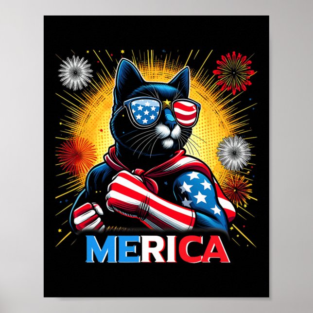 Fireworks Us Flag Patriotic Black Cat  Poster (Front)