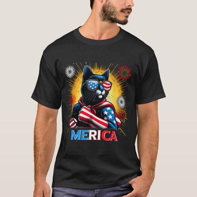 Fireworks Us Flag Patriotic Black Cat  T-Shirt (Front)