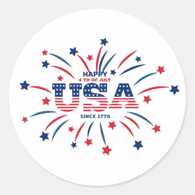 Fireworks USA Patriotic Red White Blue Classic Round Sticker (Front)