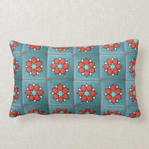 Firey Orange Flowers on Teal Lumbar Cushion