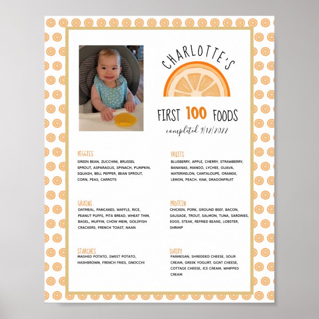 First 100 Foods Orange Baby Weaning Milestone  Poster (Front)