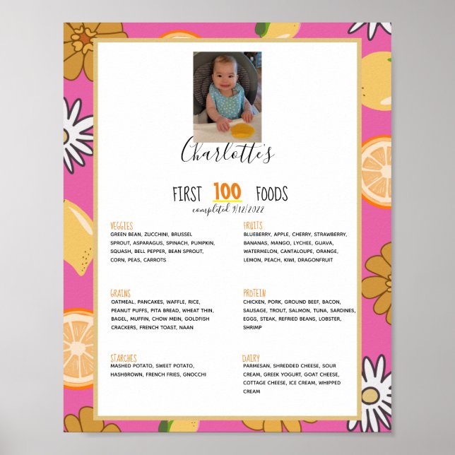 First 100 Foods Pink Baby Girl Weaning Poster (Front)
