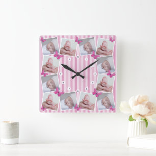First 12 Months Baby Photo Collage Pink Butterfly Square Wall Clock