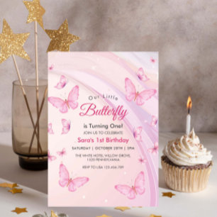  First 1st Birthday Baby Girl Butterflies Party Invitation