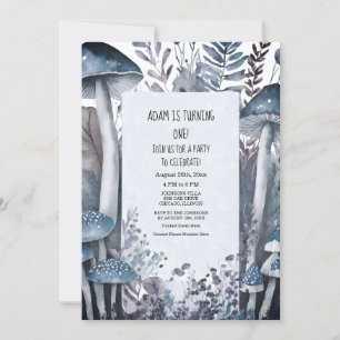 First 1st Birthday Blue Mushrooms Boho Woodlands Invitation