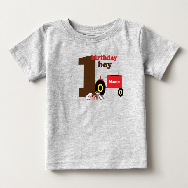 first 1st birthday boy farm old theme tractor baby T-Shirt (Front)