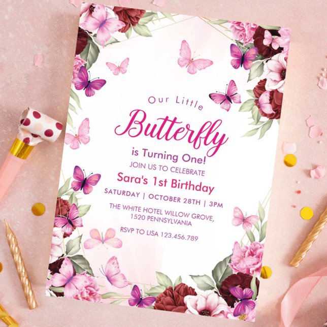 First 1st Birthday Chic Floral Butterflies Party Invitation (Creator Uploaded)