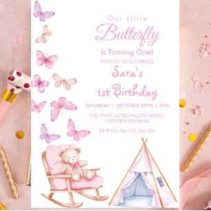 First 1st Birthday Cute Bear LItlle Butterfly Invitation