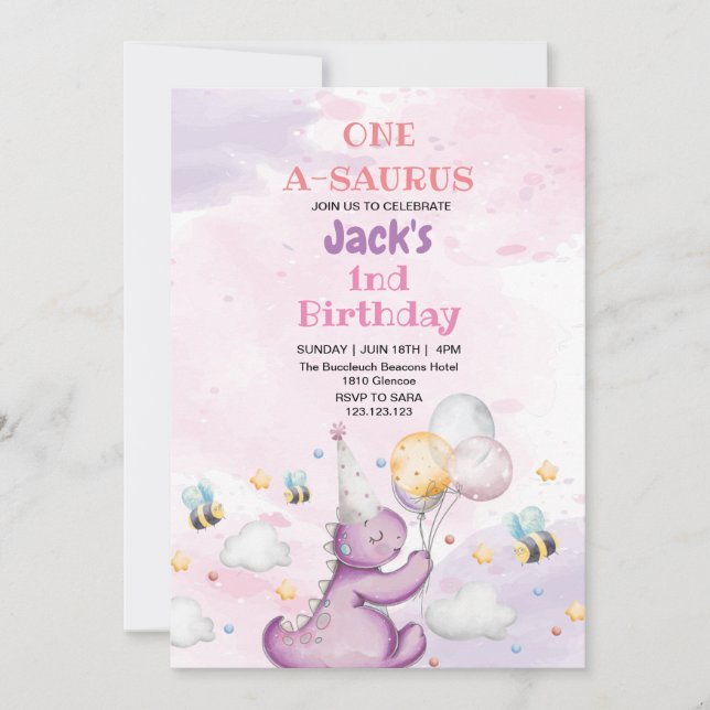First 1st Birthday Cute Purple Dinosaur and bee Invitation (Front)