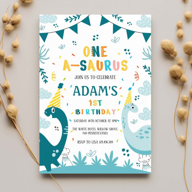 First 1st Birthday Dark & Light Green Dinosaur Invitation (Creator Uploaded)