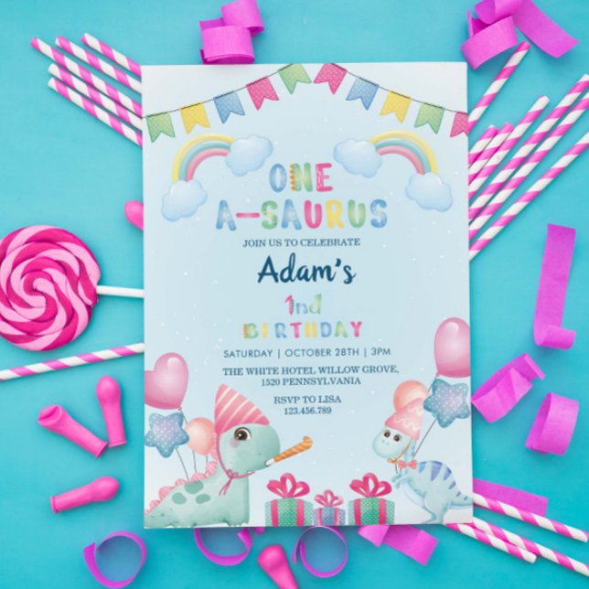 First 1st Birthday Dinosaurs & Rainbow, Light Blue Invitation (Creator Uploaded)