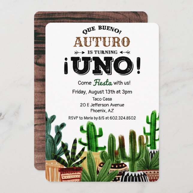 First 1st Birthday Fiesta Cactus Invitation (Front/Back)