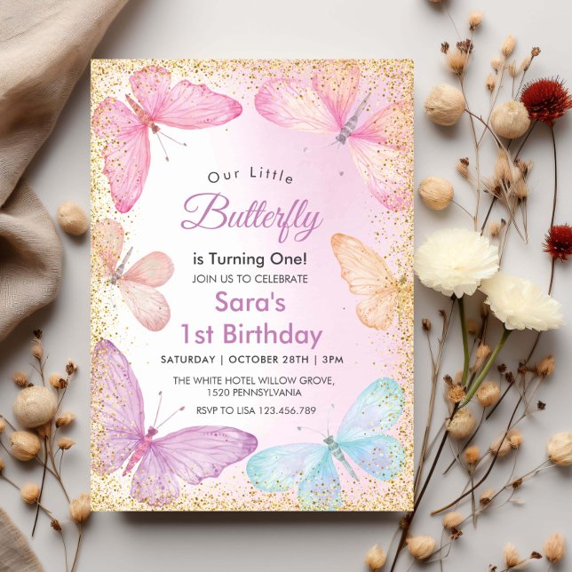 First 1st Birthday Girl Glitter Colourful Butterfl Invitation (Creator Uploaded)