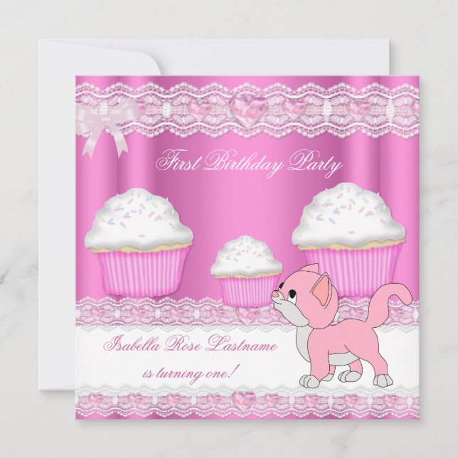 First 1st Birthday Girl Pink Cupcakes Baby Kitten Invitation (Front)