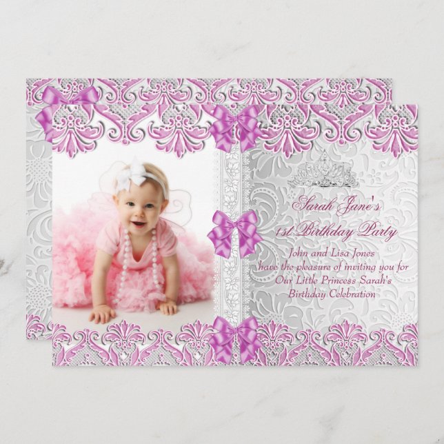 First 1st Birthday Girls Lilac Pink Photo Invitation (Front/Back)