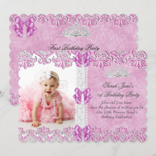 First 1st Birthday Girls Lilac Pink Photo Tiara Invitation