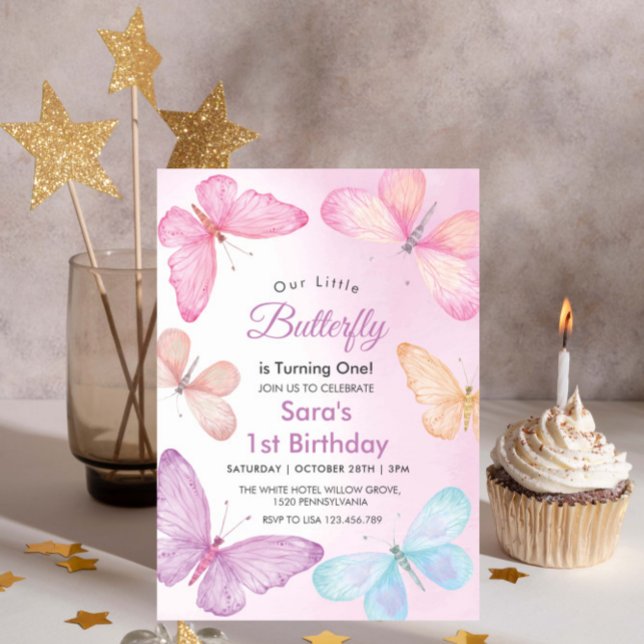 First 1st Birthday Girly Colourful Butterfly Party Invitation (Creator Uploaded)