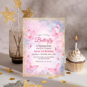 First 1st Birthday Glitter Pink Butterflies Party Invitation