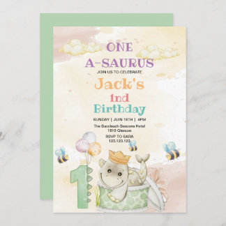 First 1st Birthday Green Dinosaur Watercolor Invitation