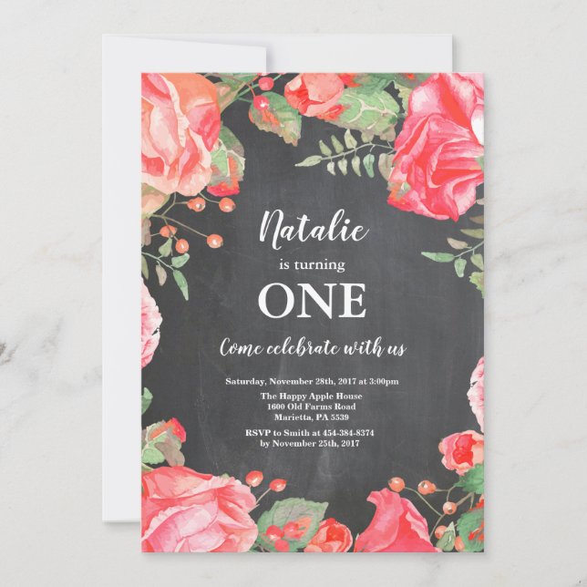 First 1st Birthday Invitation Botanical Red Floral (Front)