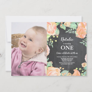 First 1st Birthday Invitation Peach Floral