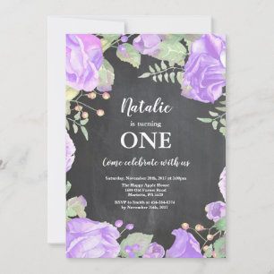 First 1st Birthday Invitation Purple Floral