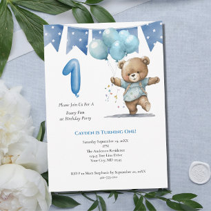 First 1st Birthday Party Baby Boy Bear Balloons  Invitation