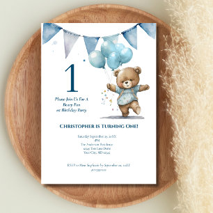 First 1st Birthday Party Baby Boy Bear Balloons  Invitation