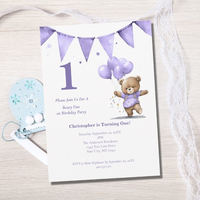 First 1st Birthday Party Baby Boy Bear Balloons  Invitation (Creator Uploaded)