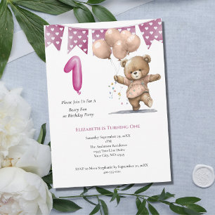 First 1st Birthday Party Baby Girl Bear Balloons  Invitation