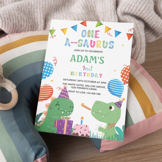 First 1st Birthday Party Dinosaur & Cake Invitation (Creator Uploaded)
