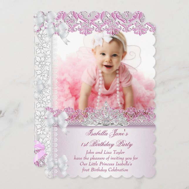 First 1st Birthday Party Girl Princess Pink Photo Invitation (Front/Back)