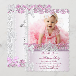 First 1st Birthday Party Girl Princess Pink Photo Invitation