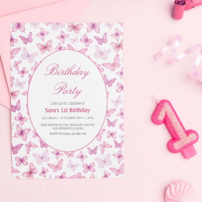 First 1st Birthday Pink and purple Butterflies Invitation (Creator Uploaded)