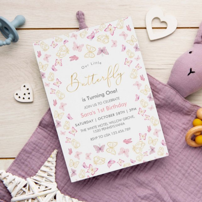 First 1st Birthday Pink & Gold Butterflies Invitation (Creator Uploaded)