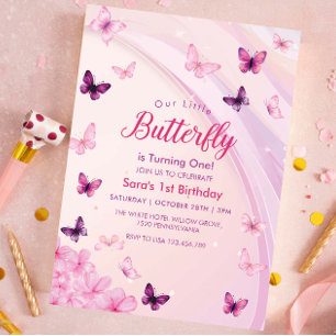 First 1st Birthday Pink & purple Butterflies Party Invitation