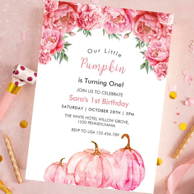 First 1st Birthday Pumpkin and Pink Floral Party Invitation (Creator Uploaded)