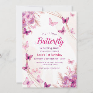 First 1st Birthday Purple Floral Butterflies Girl Invitation